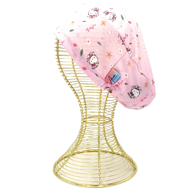 gorro clinico aurisima modelo hello kitty color rosado tela poliester elasticada