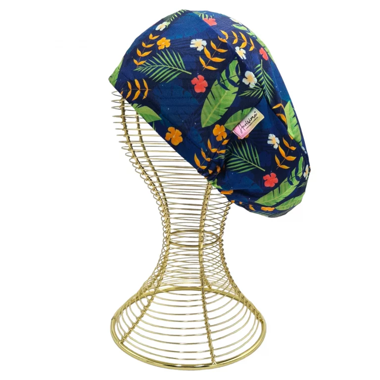 Gorro clínico diseño flores tropicales color azul marino tela poliester elasticada