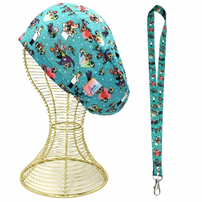 pack-gorro-clinico-landyard-aurisima-modelo-chicas-super-poderosas-color-verde-celeste-tela-poliester-elasticada-1