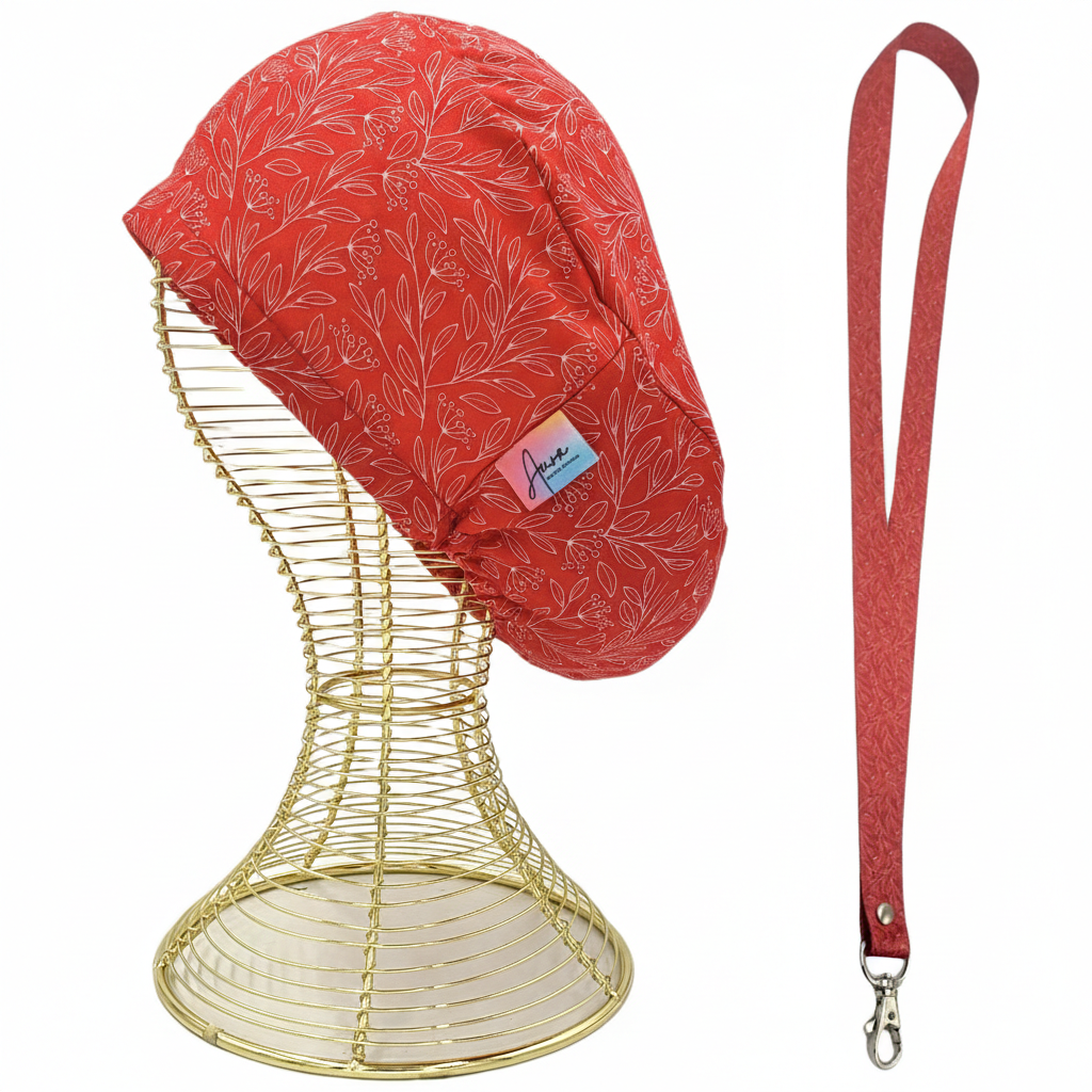 pack-gorro-clinico-landyard-aurisima-modelo-jasmin-color-rojo-tela-poliester-elasticada-1