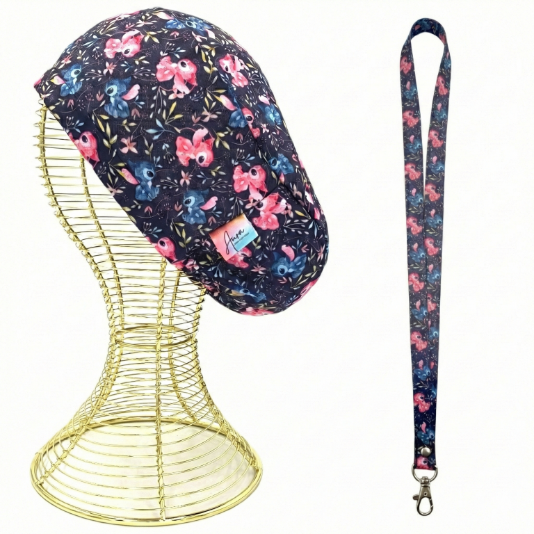 Pack Gorro Clínico Lanyard Stitch Floreado